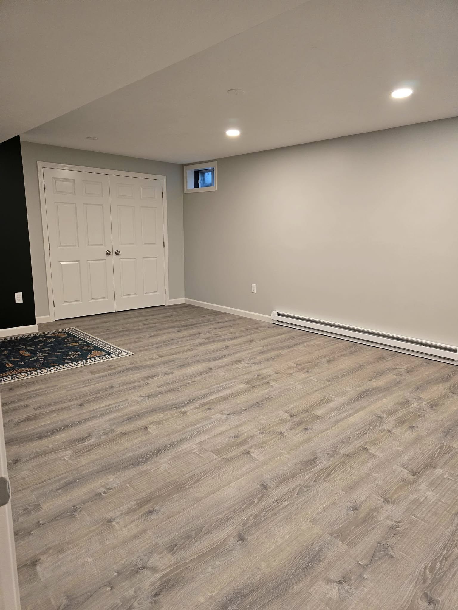 Large basement room featuring a black accent wall and white double doors in Palmyra, NY