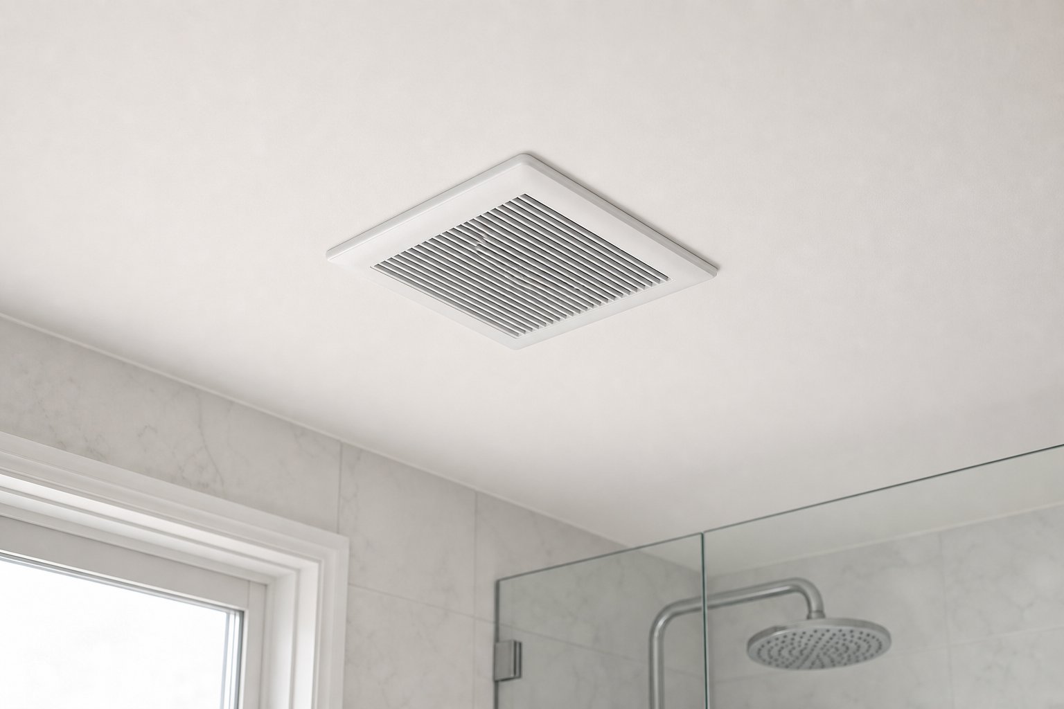 Modern white bathroom ceiling exhaust fan grille installed in a Newark, NY home