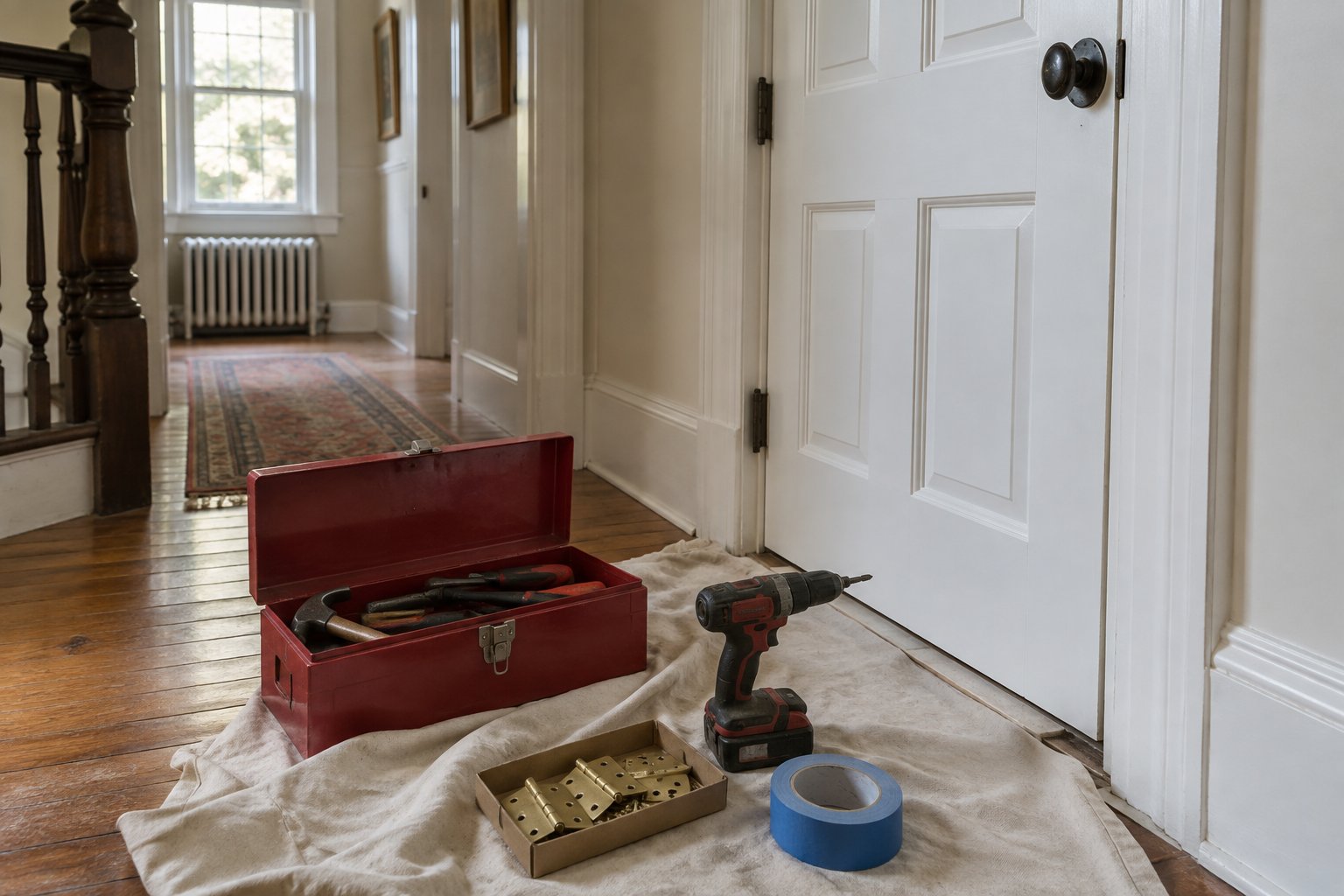 Toolbox and small repair supplies set out on a hallway floor next to an interior door