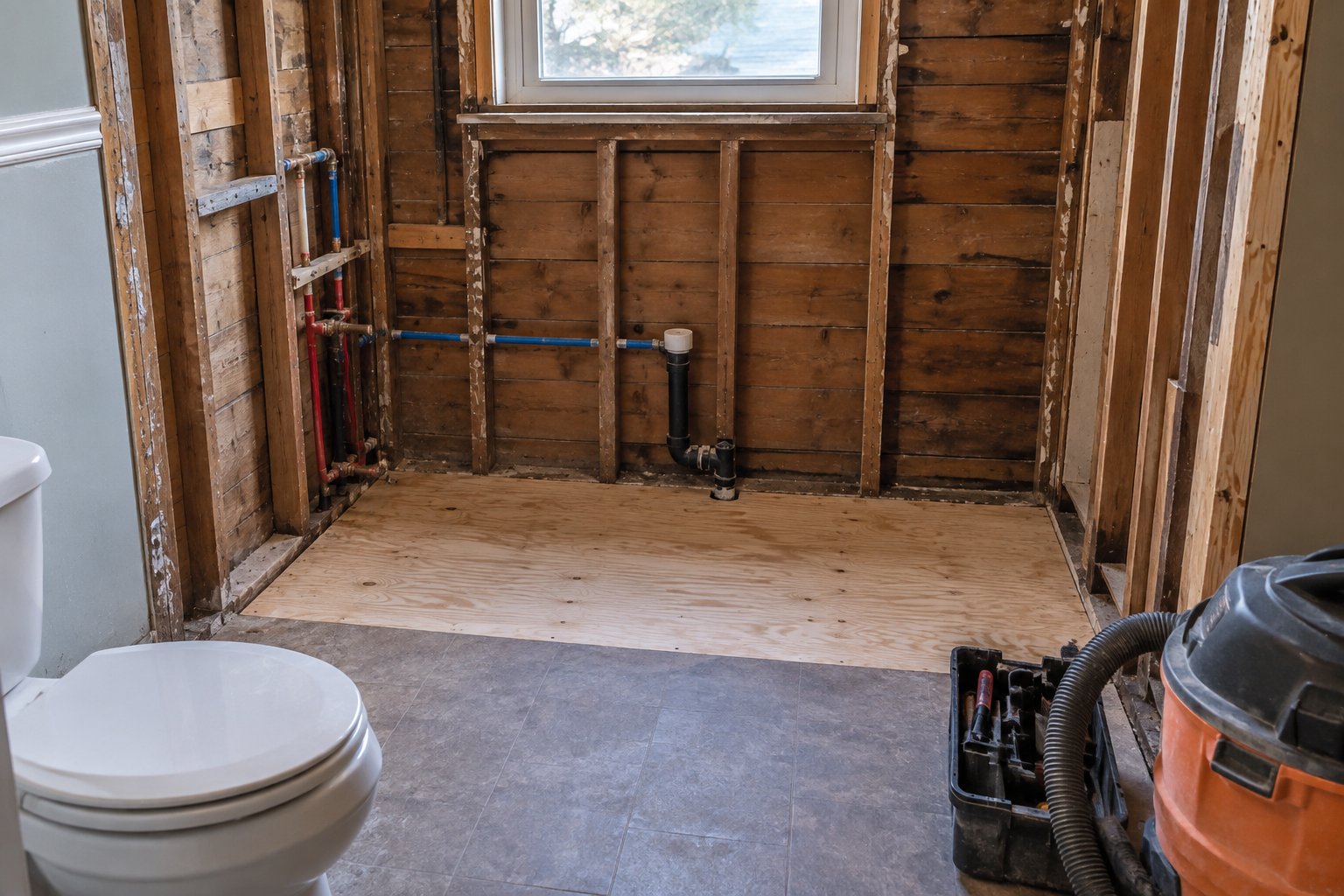 Bathroom stripped to the studs with the old tub removed and new subfloor exposed