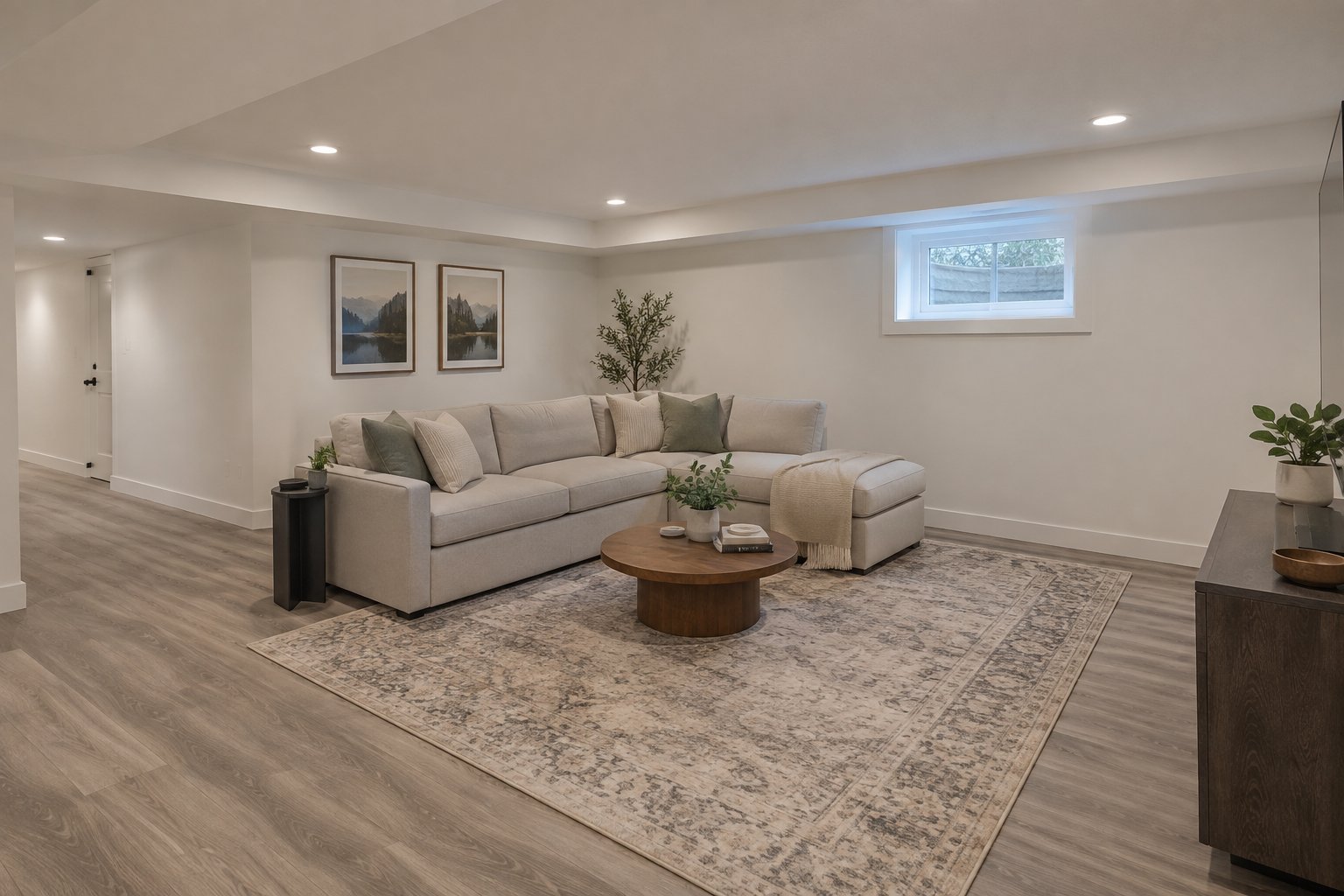 Finished basement family room with gray luxury vinyl plank flooring and recessed lighting