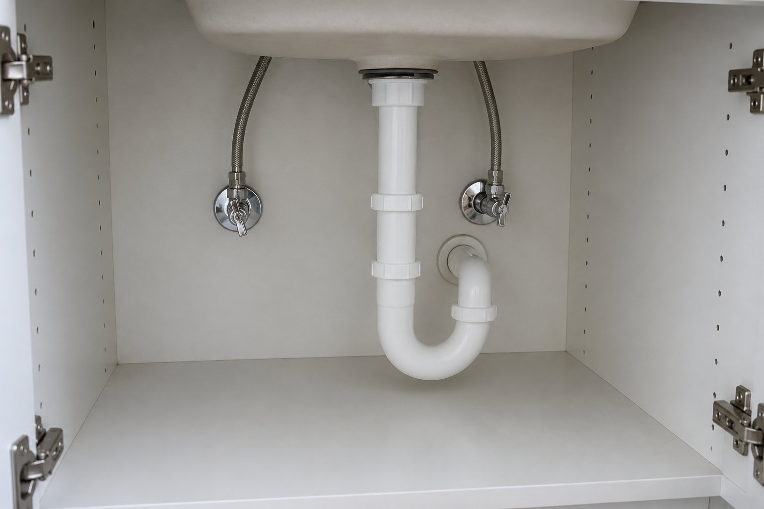 Open sink cabinet with a new braided supply line and shutoff valve after a leak repair