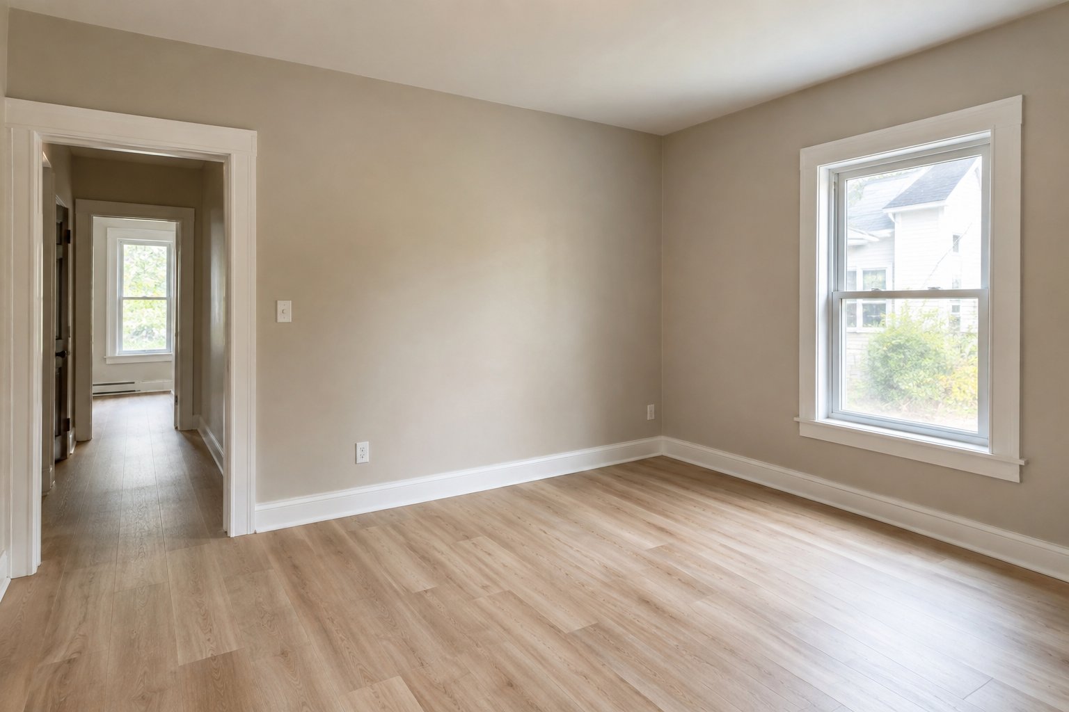 Empty rental living room with new vinyl plank flooring and freshly painted light walls